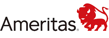 a logo for ameritas with a red lion on a black background